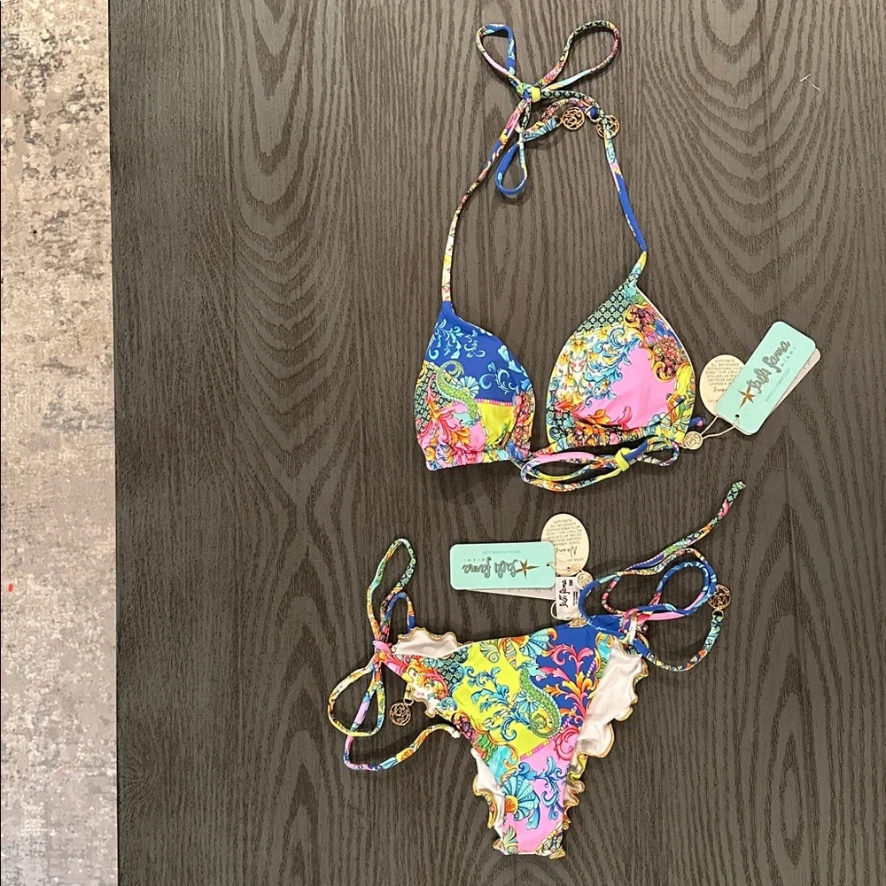 Luli Fama Vibrant Blue Pink Yellow Paisley Triangle Bikini - Picture 4 of 11